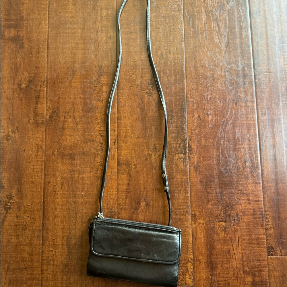 Vintage Fossil black leather organizer crossbody purse